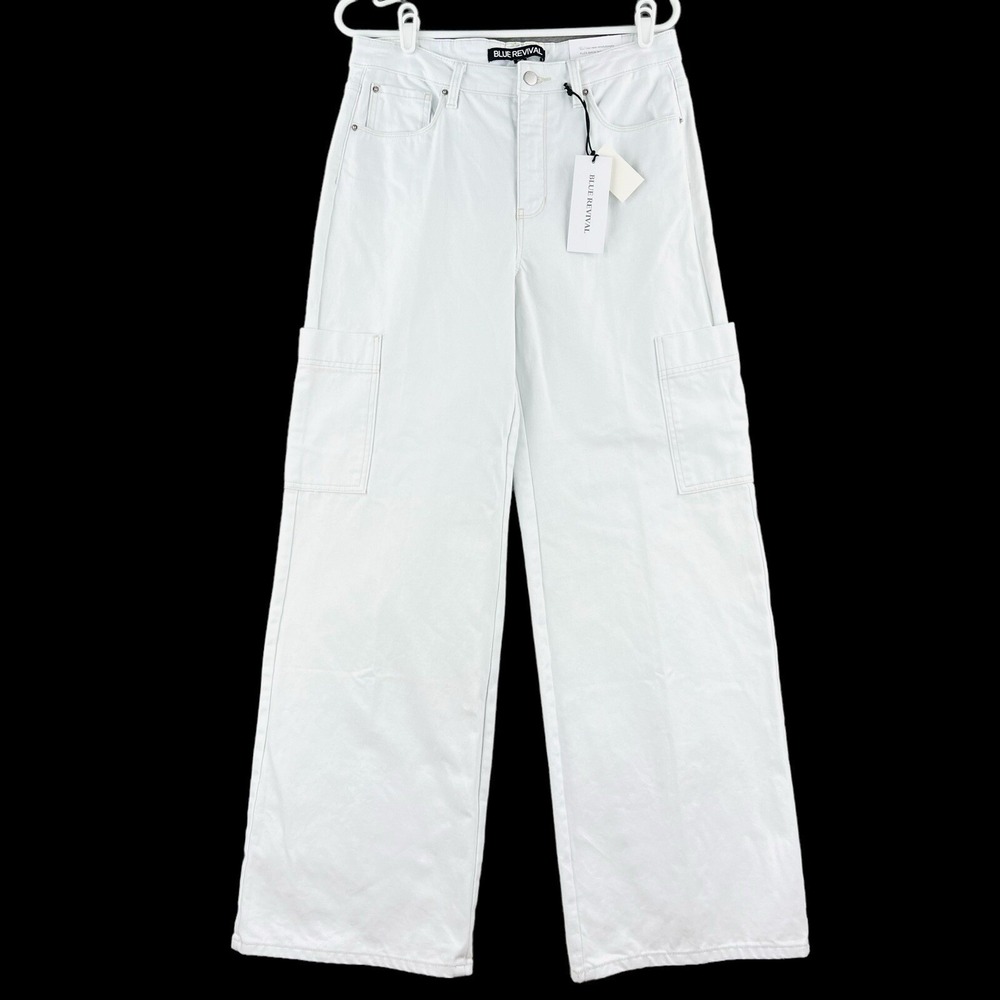 NWT Blue Revival Women's White Flex Back Cargo Jeans Size 29 Wide Leg High Rise